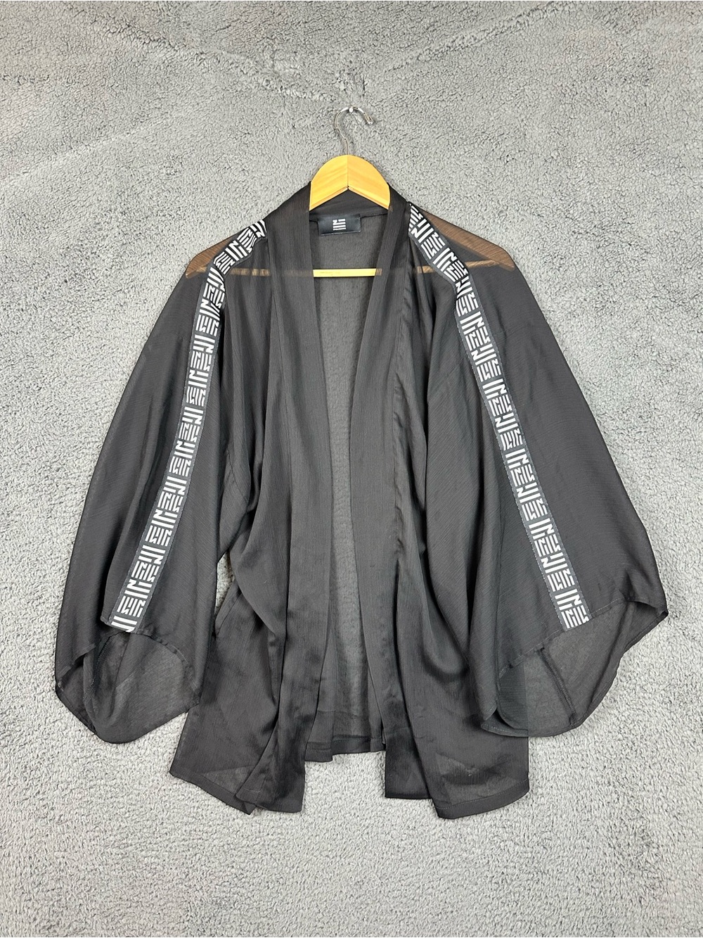 ZHU Official Merchandise Black Sheer Kimono Wrap Cardigan Geometric Tape Detail